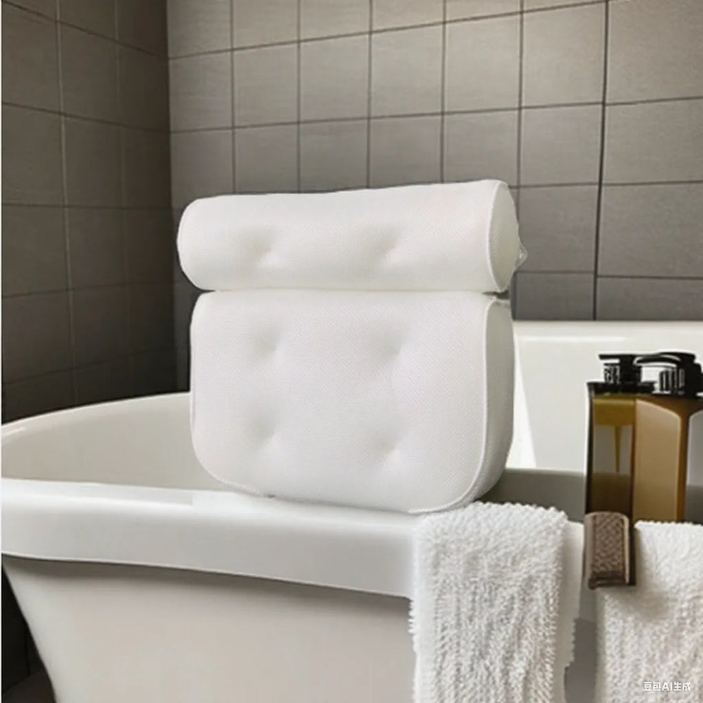 White bathtub pillow with 7 suction cups and 4D mesh design measuring 37x34x10cm