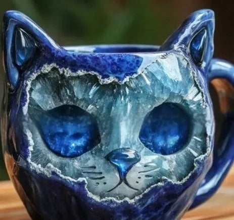 Purple geode texture resin mug with cat-shaped cup on wooden table.