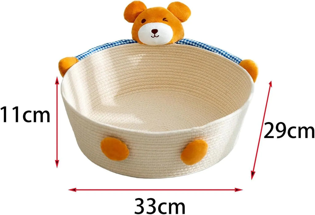 Woven cotton rope cat bed with integrated scratch board in bear design