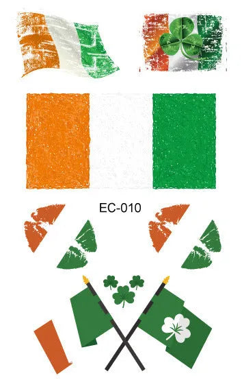 Irish festival temporary tattoo sticker with St. Patrick's Day shamrock design measuring 120×75mm