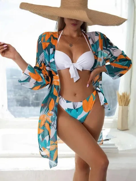 Women's three-piece mesh bikini swimsuit set with a coat, shown in multiple colours.