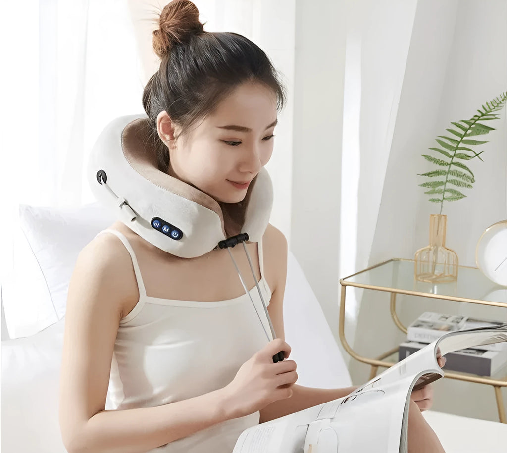 Brown U shaped electric neck massage pillow with USB charging cable