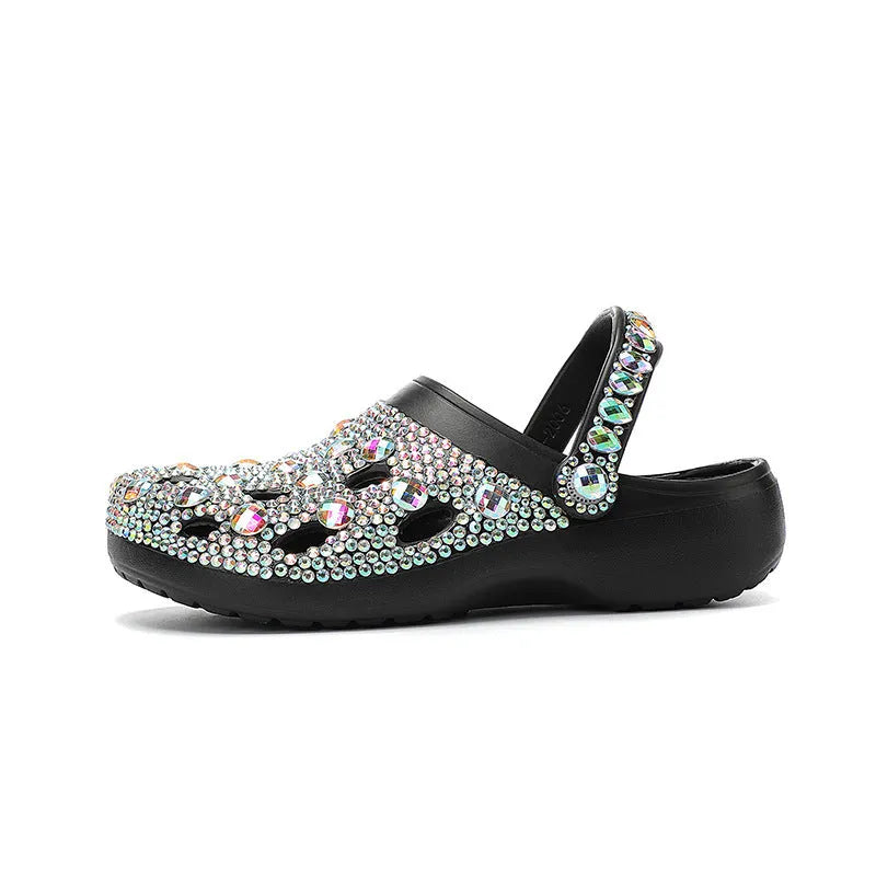 Black women's platform sandals with sparkling rhinestone detail on EVA upper and sole