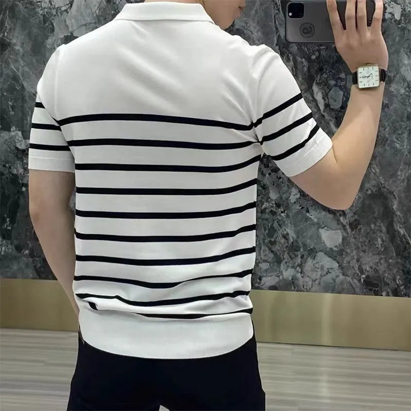 Striped lapel knitted t-shirt pullover in polyester blend available in black and white colours