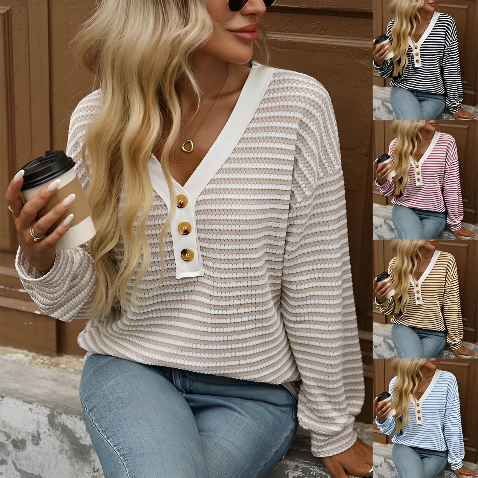 Women's loose fit V-neck patchwork pullover top in polyester imitation cotton fabric.