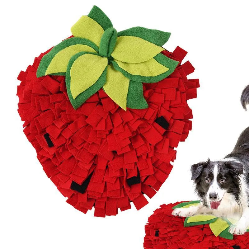 Red and green strawberry-shaped pet foraging mat for dogs and cats with multiple hiding spots