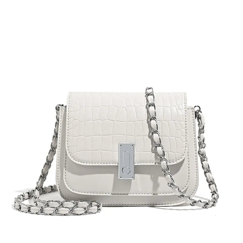Women's soft PU leather chain shoulder bag with mobile phone pocket in horizontal square design