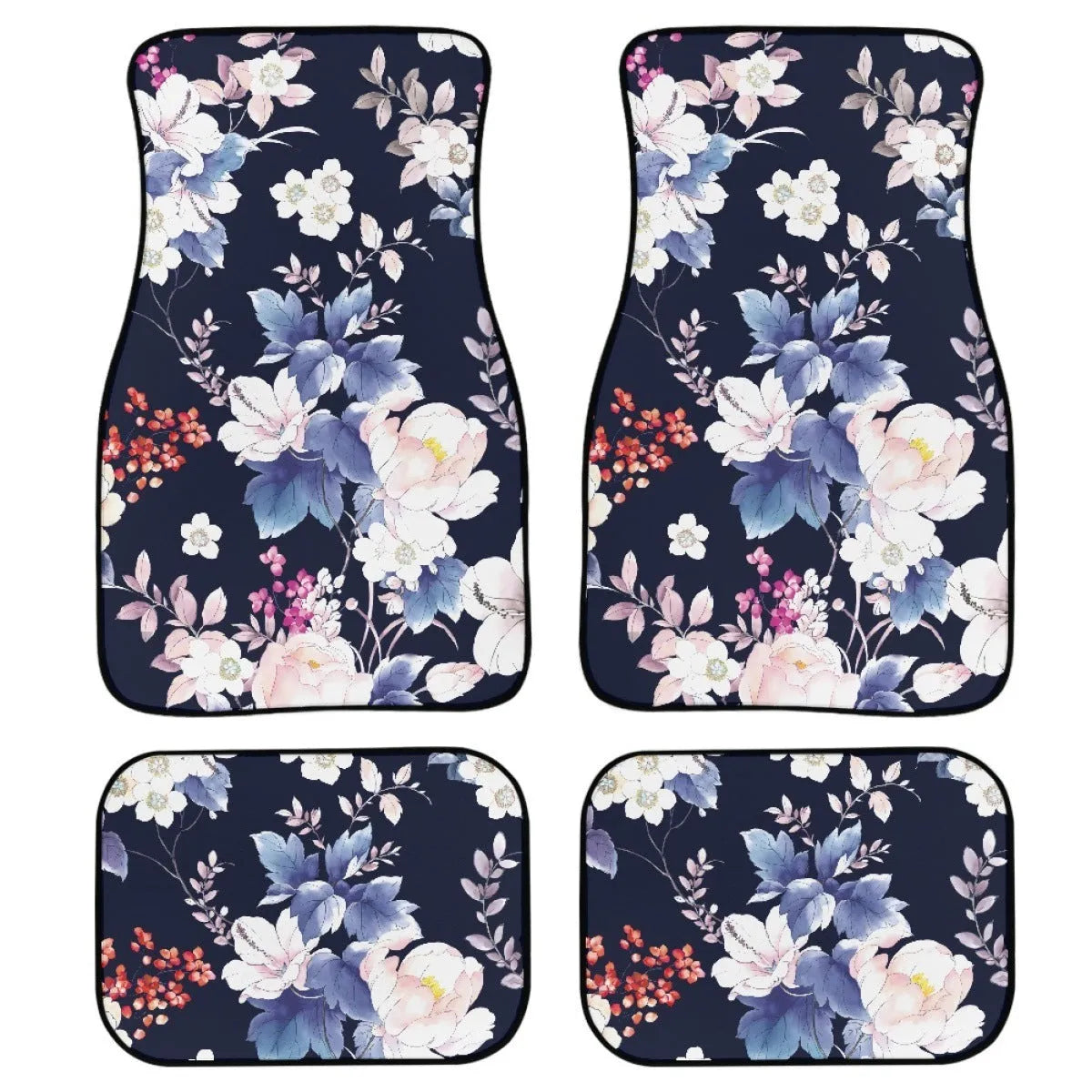 Black printed rubber car floor mat set showing four pieces with textured surface.