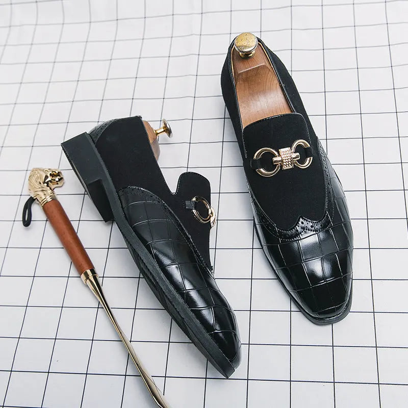 Korean style men's black pointed toe business casual shoes with artificial PU leather upper and rubber sole