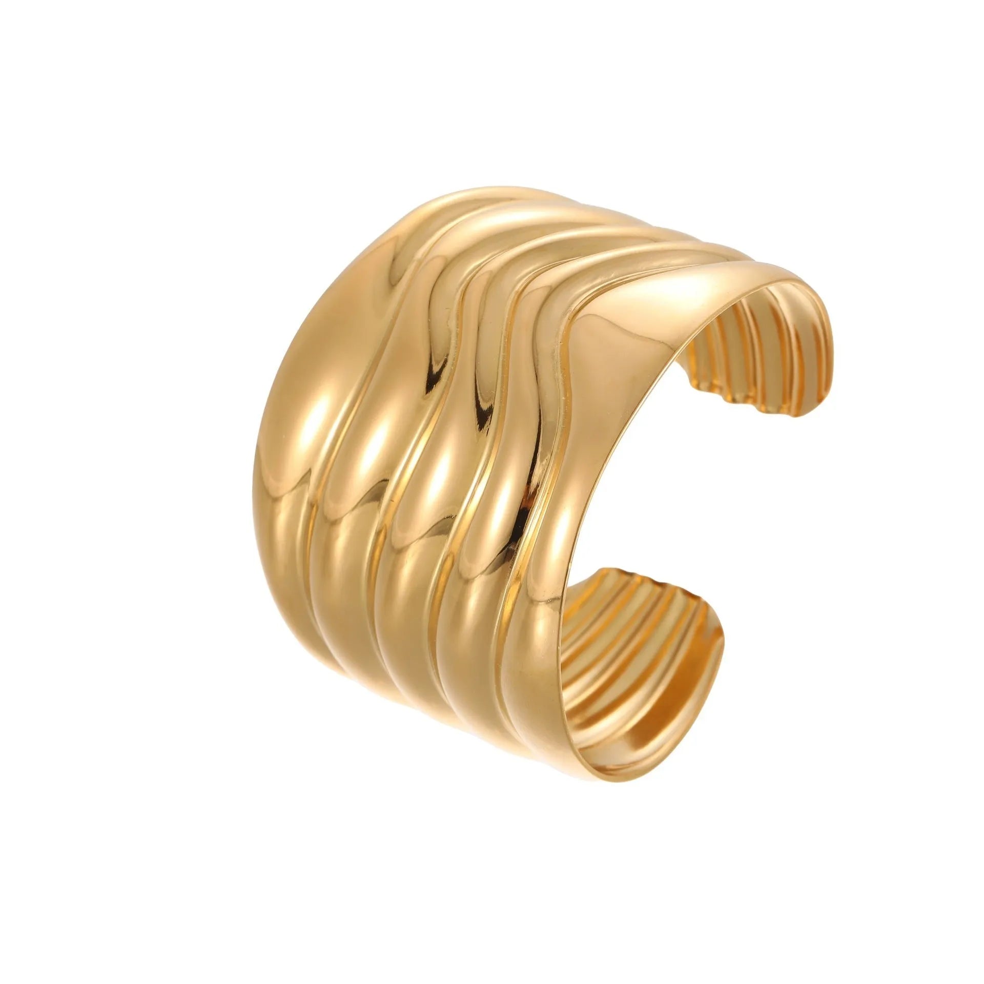 Women's wide stainless steel bracelet with geometric wave modelling and gold plating