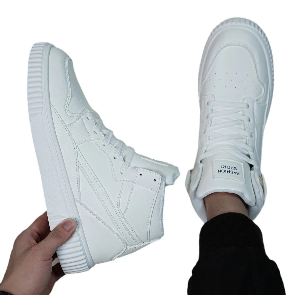 White men's round-toe casual shoes made from microfiber, shown from the side.