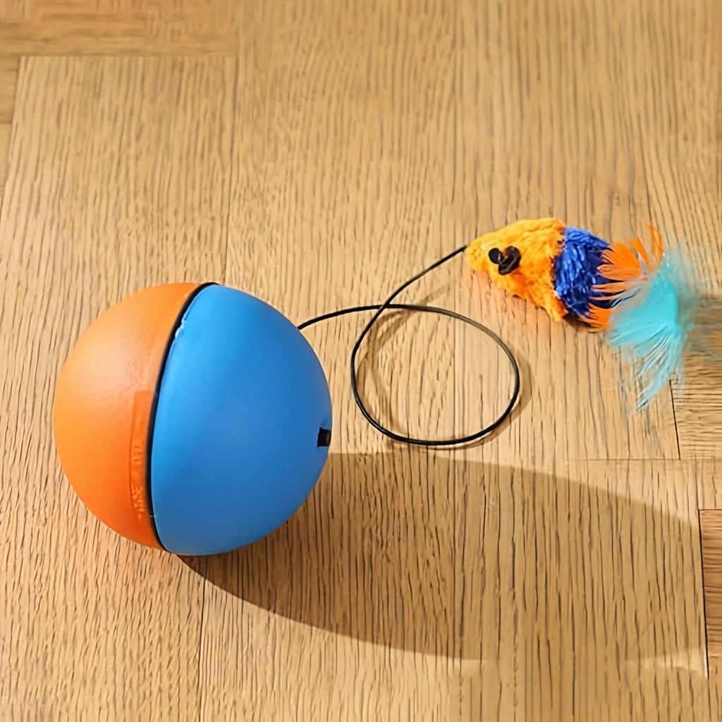 Blue and orange interactive cat toy ball with plush mouse attachment measuring 8.5*8.5*9 cm