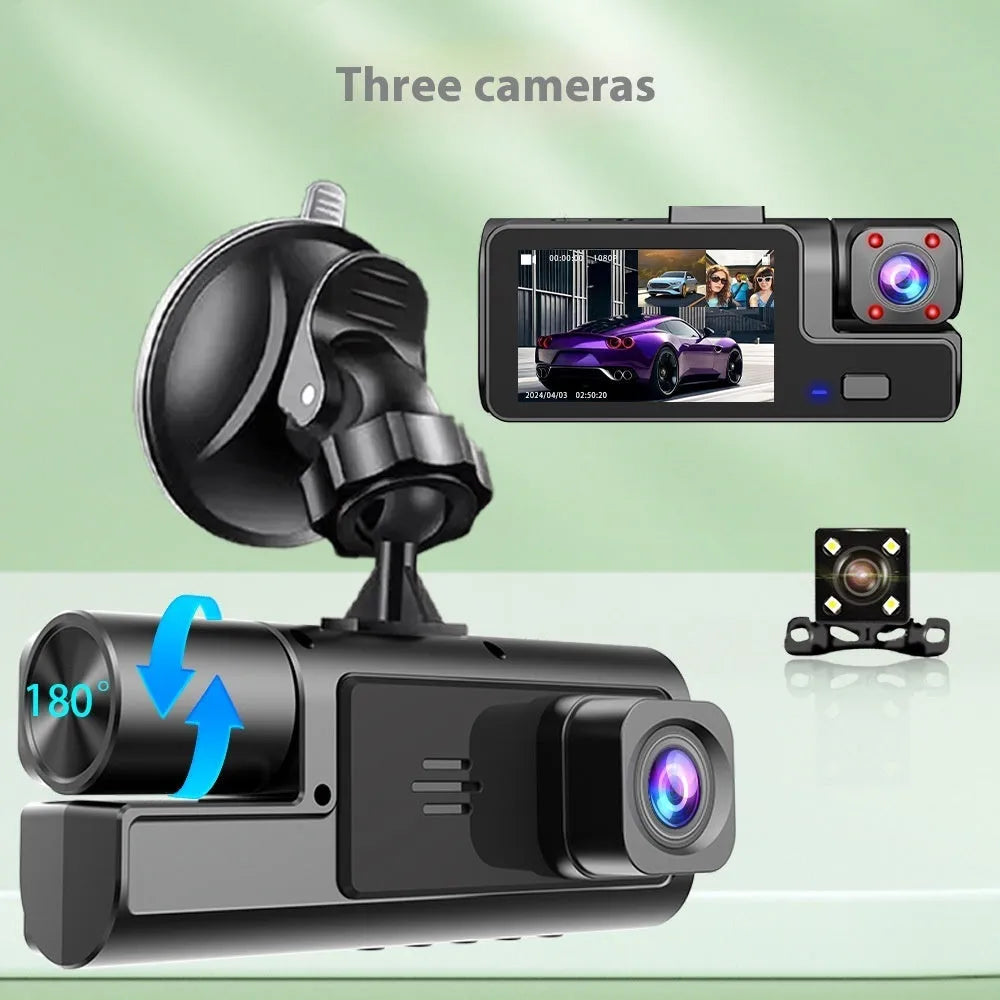 WiFi-connected car dash camera with 2.0-inch LCD screen showing front and rear recording capability