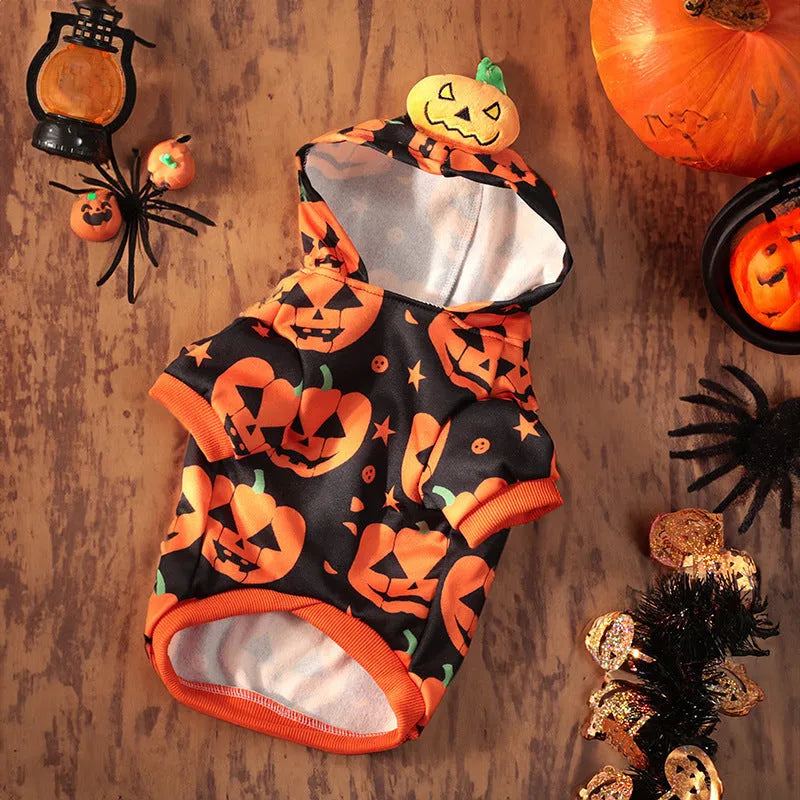 Halloween pet costume for dog or cat, shown as a pumpkin skirt and a sweater in crystal velvet fabric.