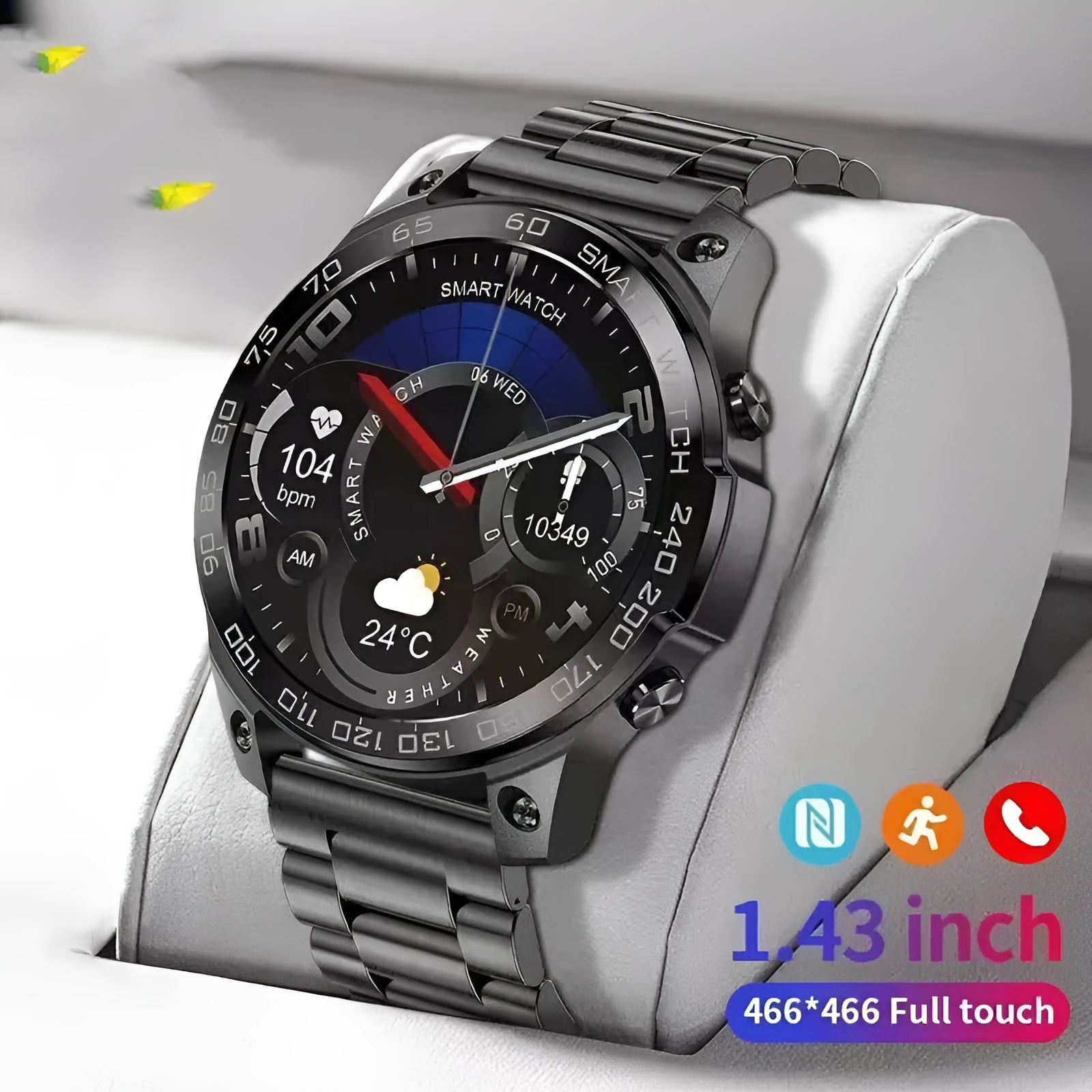 Round Bluetooth sports watch with AMOLED always-on display and silicone strap on a wrist.