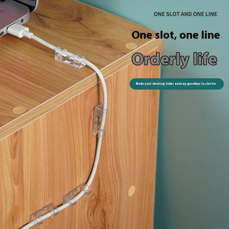 Transparent self-adhesive plastic cable clips in small, medium, large, and extra large sizes for wire management.