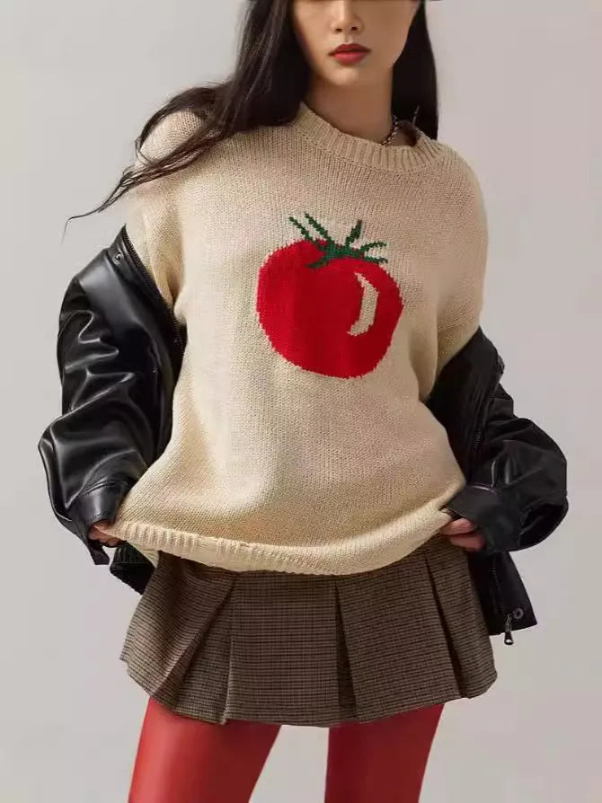 Women's beige round neck pullover sweater with jacquard pattern and long sleeves