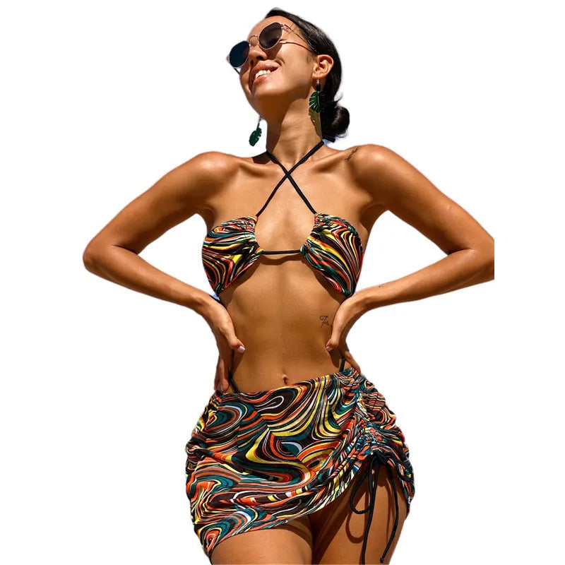 Women's three-piece bikini set in polyester for vacation, available in multiple colours and sizes S to L