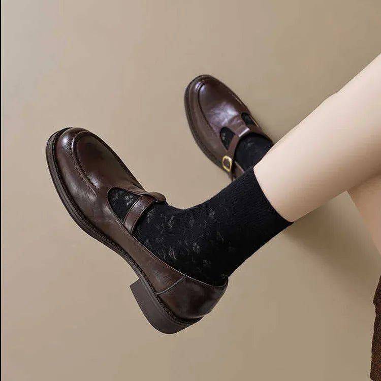 Women's black commuter French platform leather shoes with round toe and buckle on rubber sole