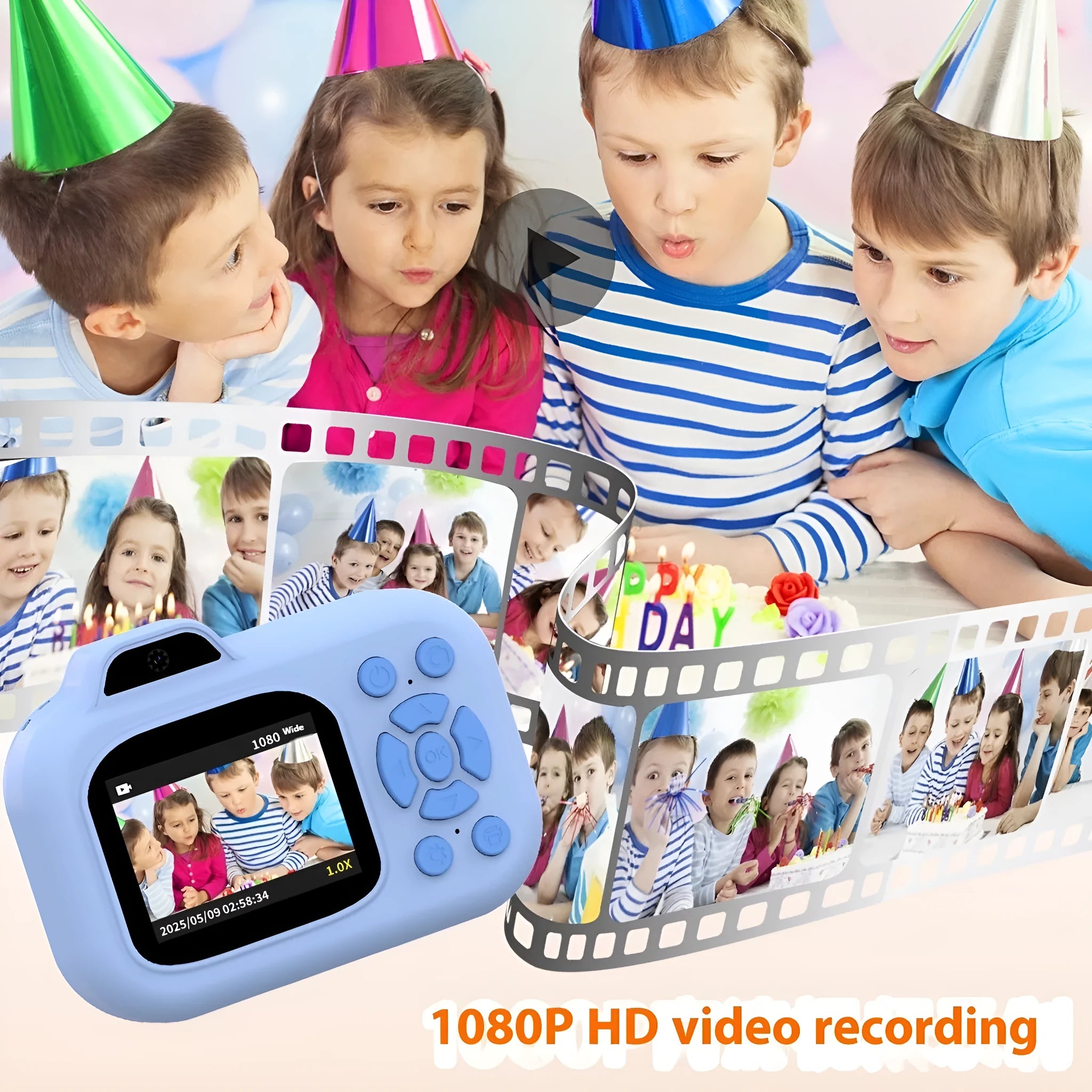Blue children's digital camera toy with video recording, photo, and game functions on a white background.