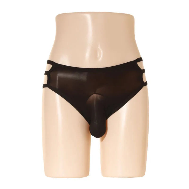 Men's transparent nylon shorts in elephant nose style on a mid-waist, shown in a solid colour.