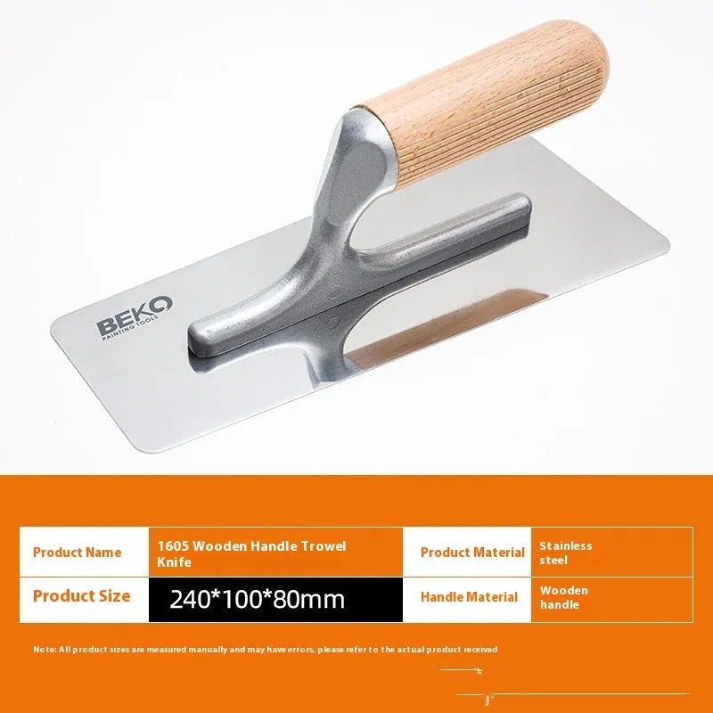 Stainless steel decorative floor and wall putty scraper with wooden handle, shown in three size models.