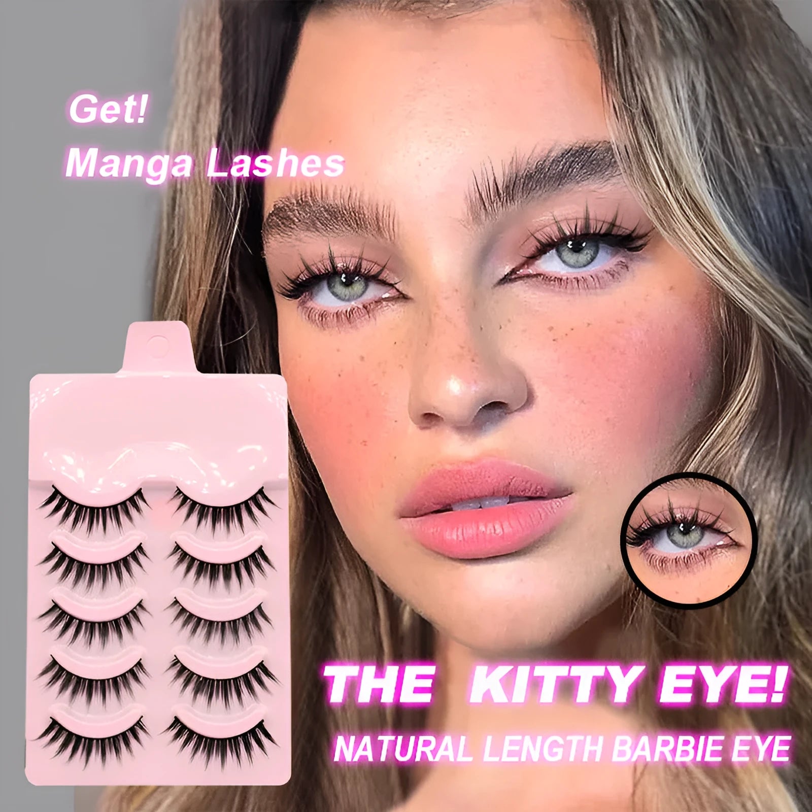 Set of manga style false eyelashes showing natural slim length styles 007, 008, and 009 on black plastic bands.