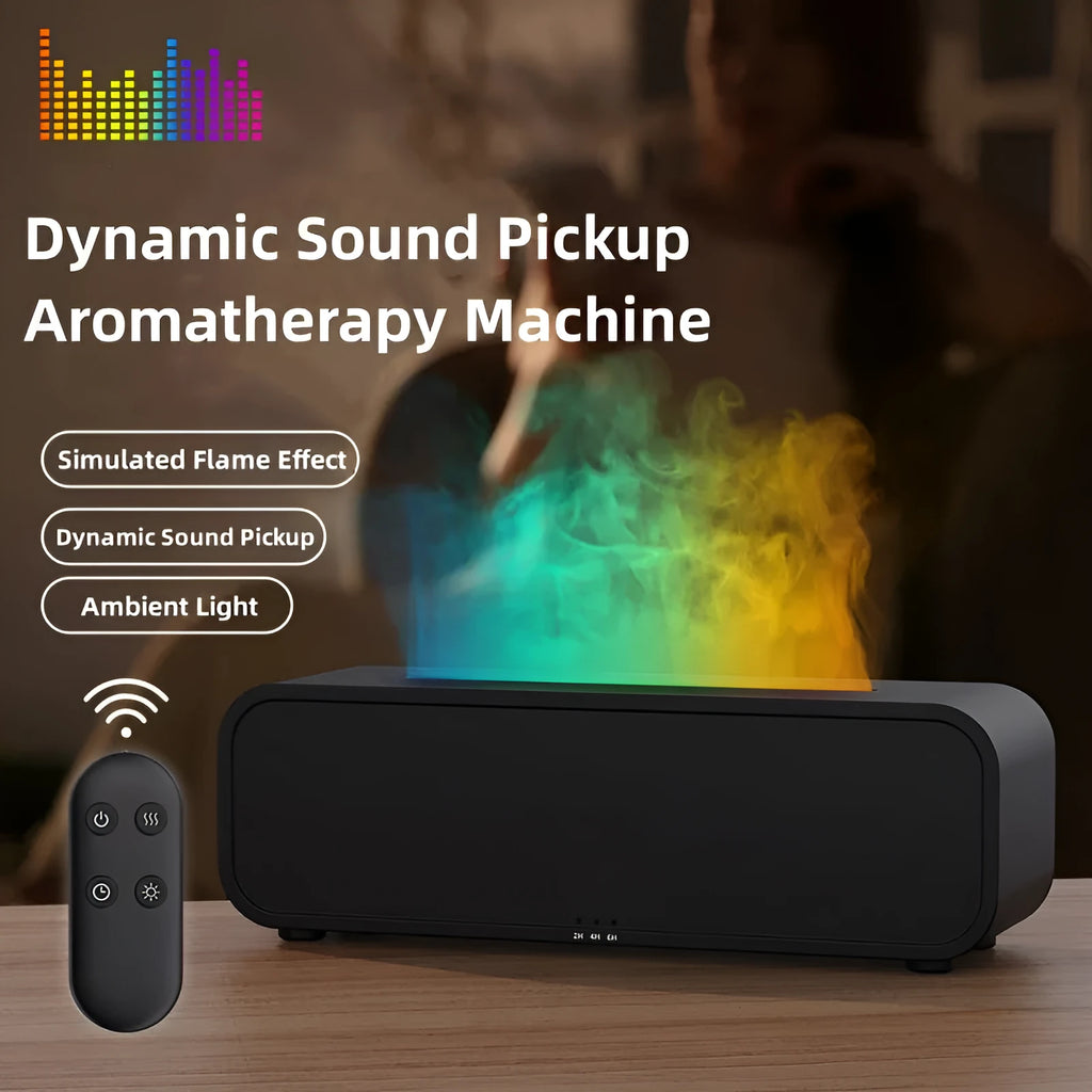 White aroma diffuser with colour-changing lights on a wooden table next to its remote control.