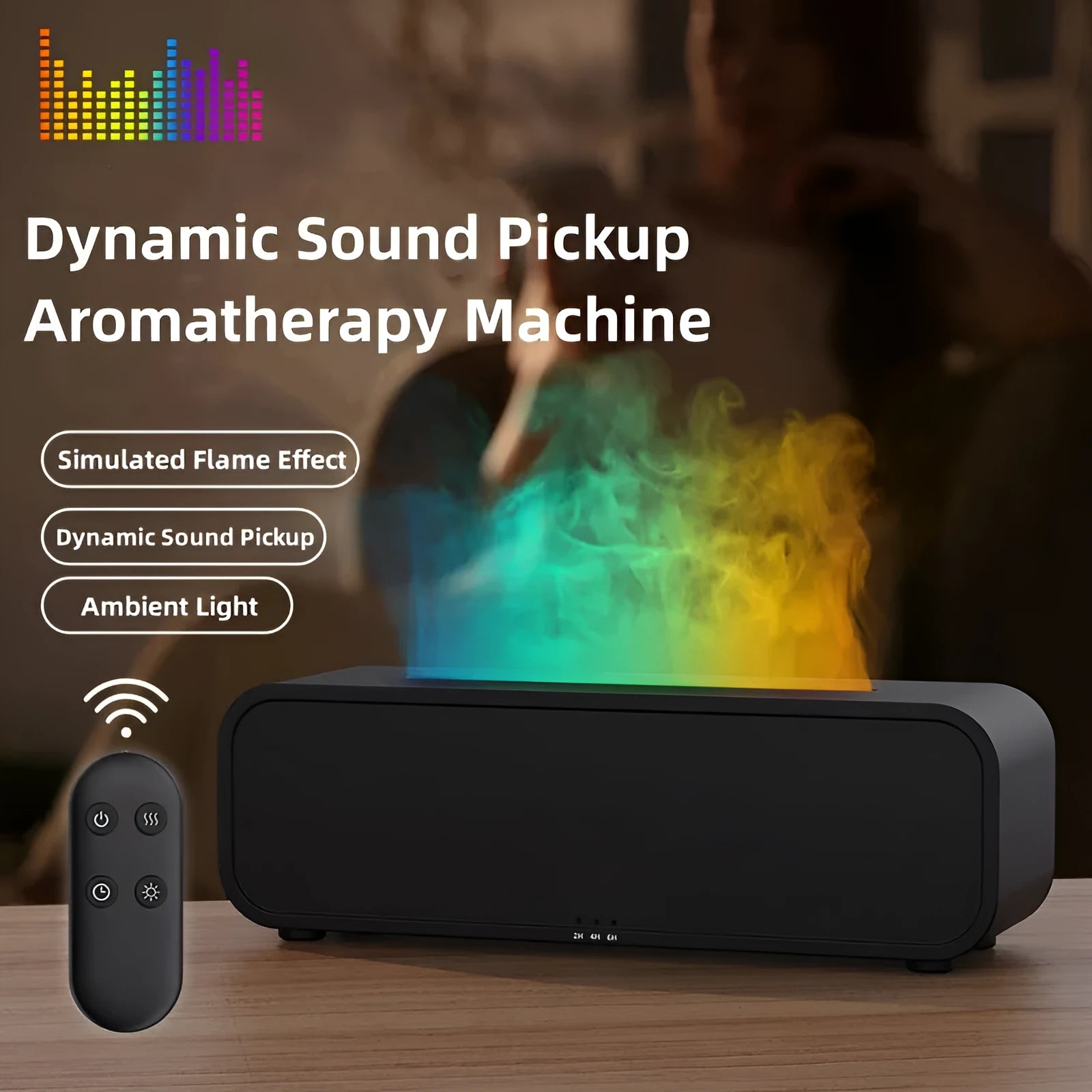 White aroma diffuser with colour-changing lights on a wooden table next to its remote control.