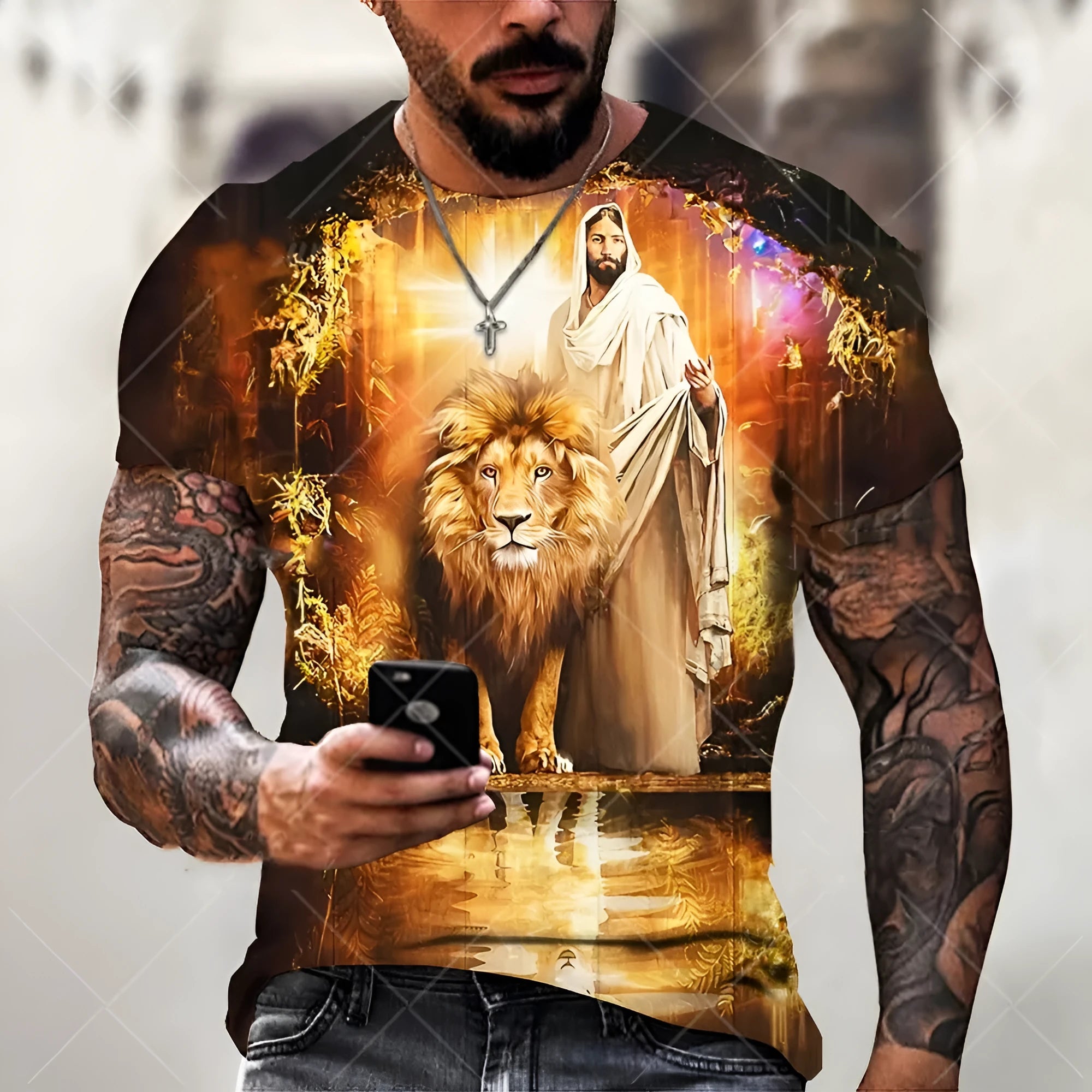 Men's grey t-shirt with a detailed 3D printed Jesus pattern on the front.