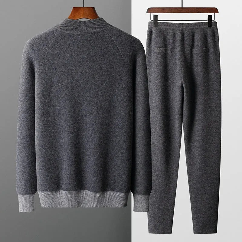 Men's cashmere wool blend sports cardigan suit set with half turtleneck zipper top and trousers