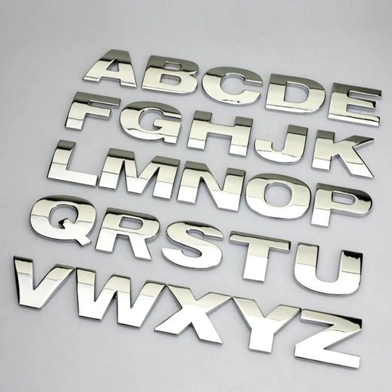 3D metal car letter sticker in zinc alloy showing raised black letter on silver background