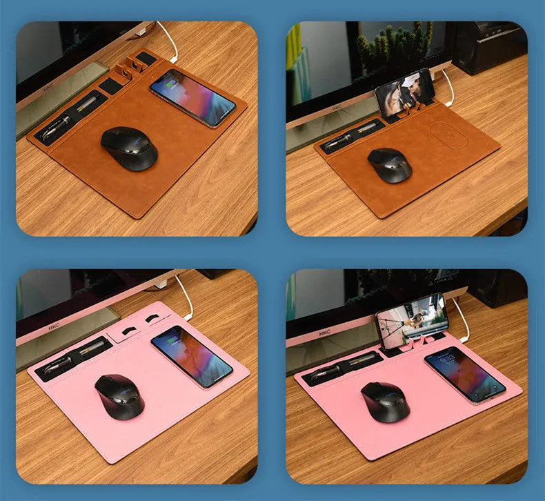 Pink wireless charging mouse pad with phone holder on a desk, showing USB cable and 320mm x 260mm size.