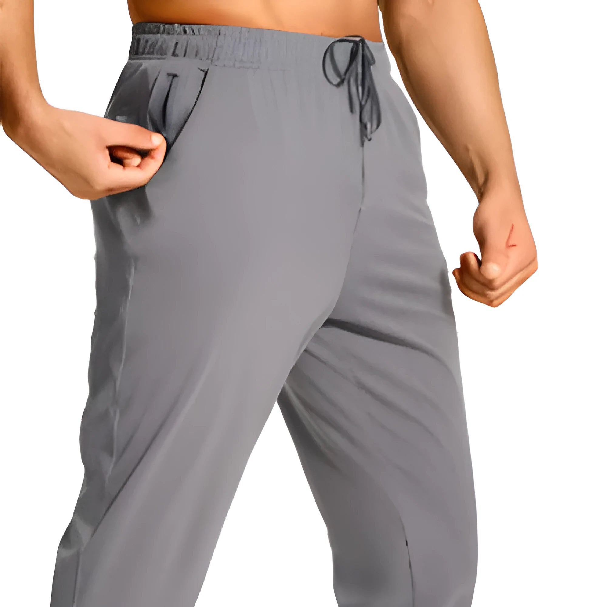 Man wearing loose-fit solid colour casual polyester trousers in a leisure setting.