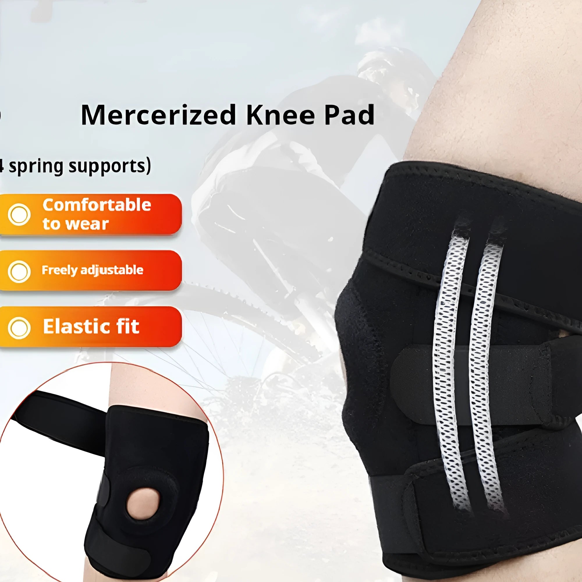 Spring support sports knee pad in nylon mercerised cloth for running, basketball, and cycling, with adjustable spring option