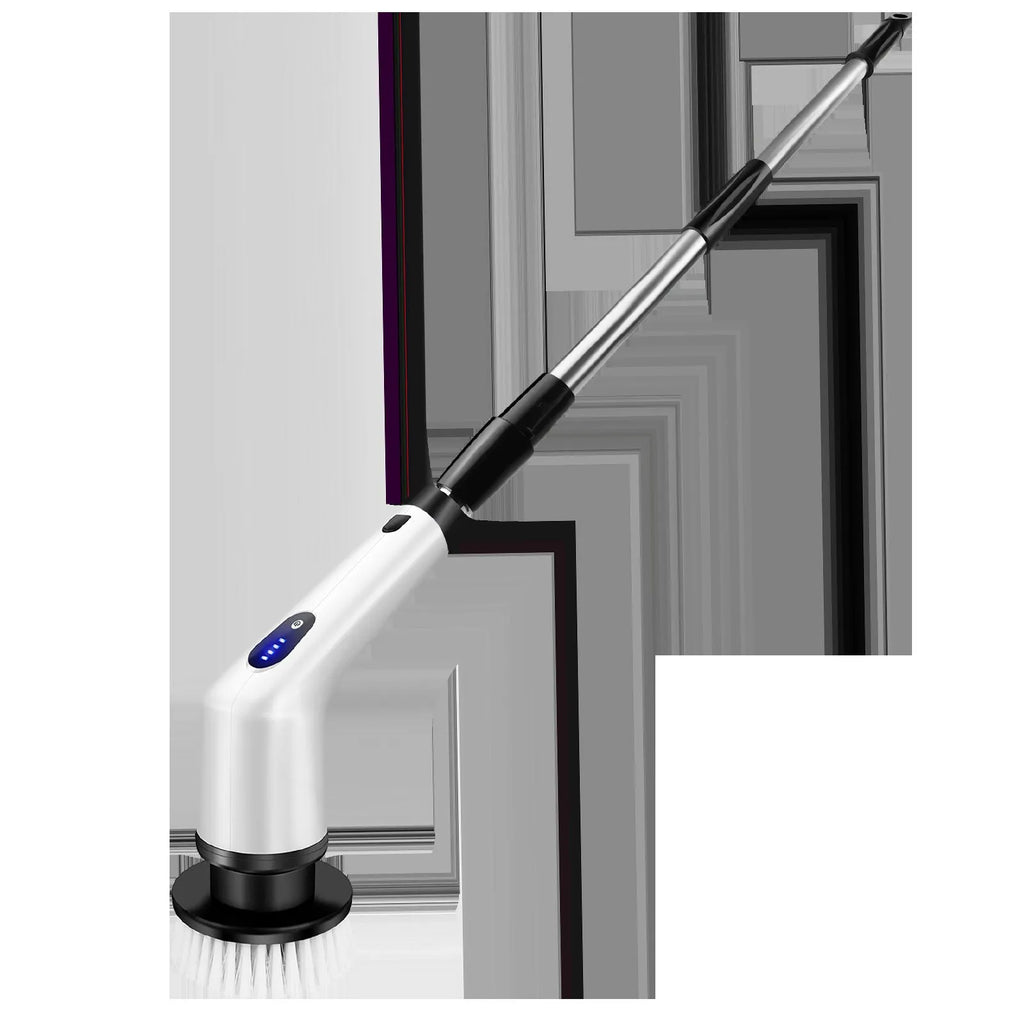 White handheld shower cleaning brush with multiple standard nozzle attachments and USB charging cable