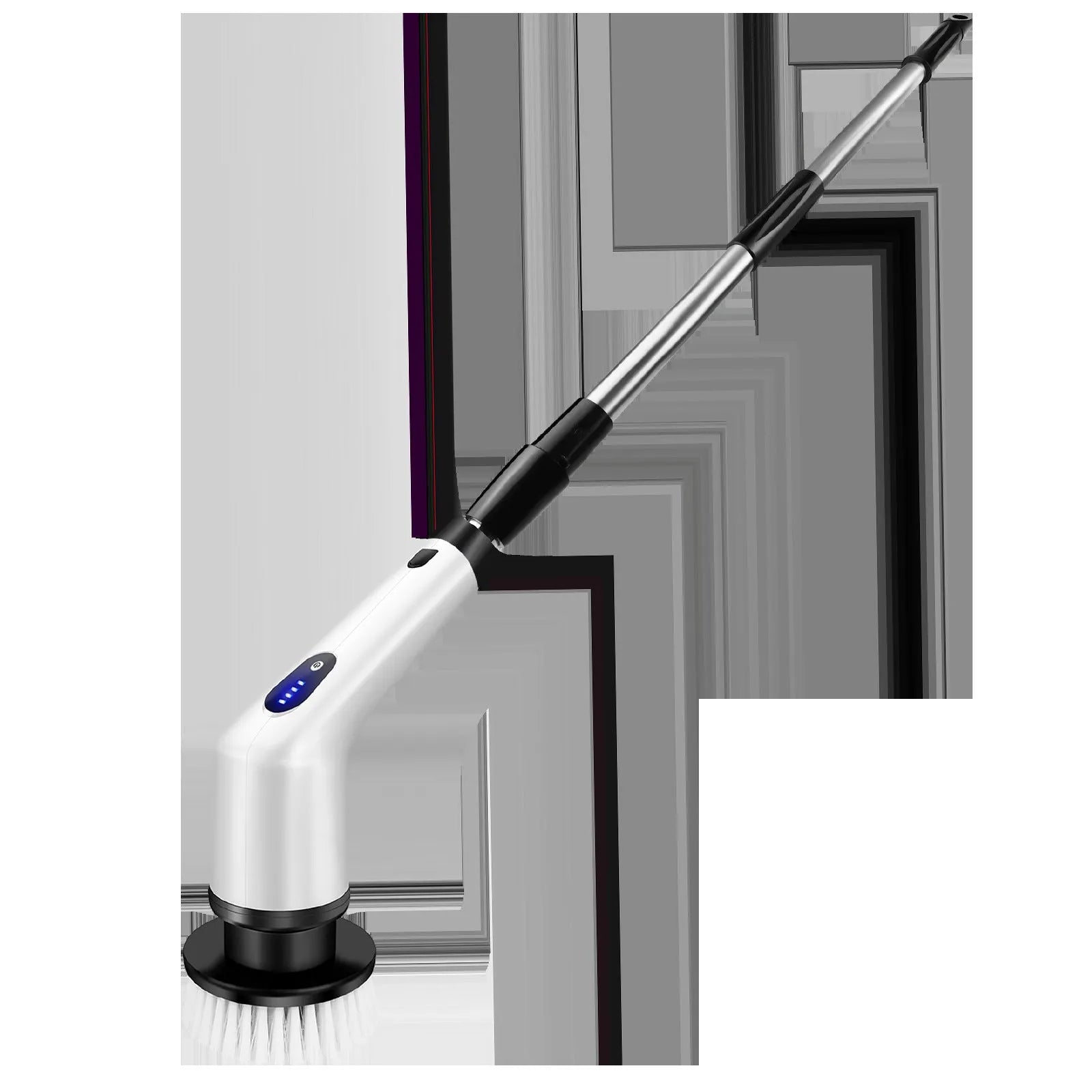White handheld shower cleaning brush with multiple standard nozzle attachments and USB charging cable