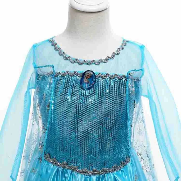 Blue Frozen Queen Elsa children's dress with polyester lining, size options 100cm to 150cm, front view