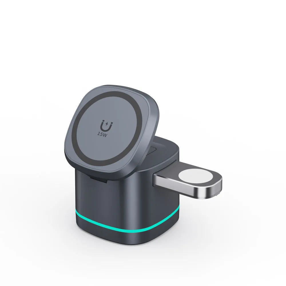 Three-in-one folding magnetic wireless fast charging charger in Iron Grey with phone, earphones and watch placed on charging pads