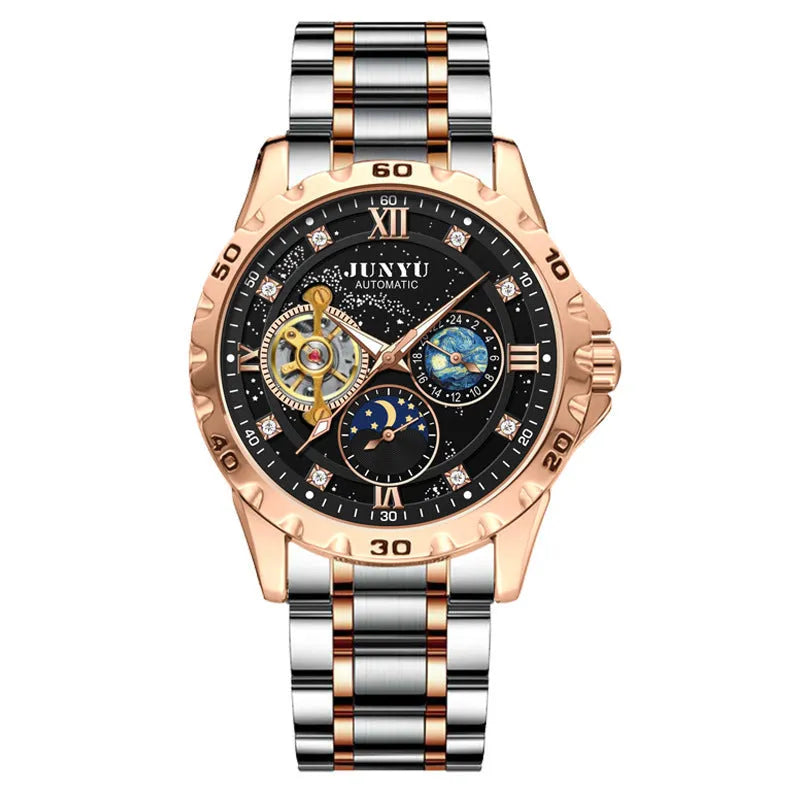 Men's waterproof mechanical watch with luminous hands in rose gold case with black starry sky face