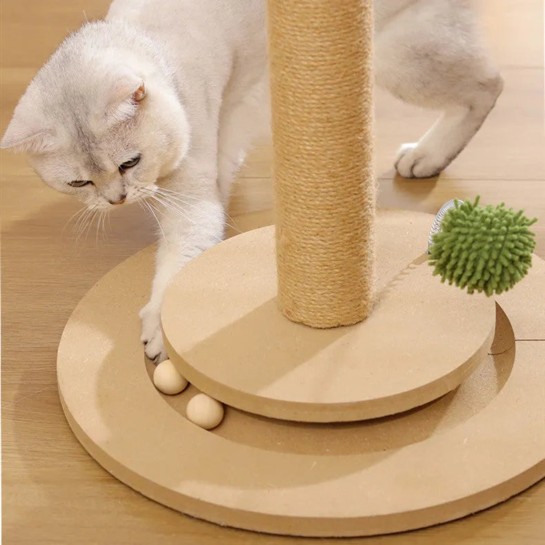 Vertical cat climbing frame with canna coloured chamfering grab column made from hemp rope