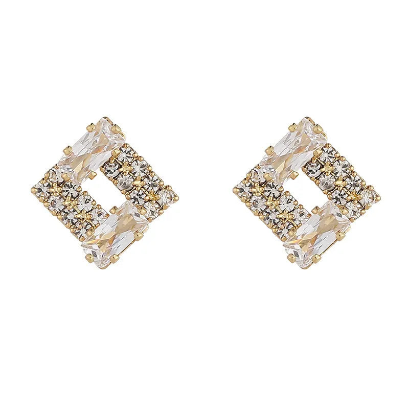 Light luxury geometric alloy earrings with 565 refined zircon, electroplated finish, for women, small exquisite cold style