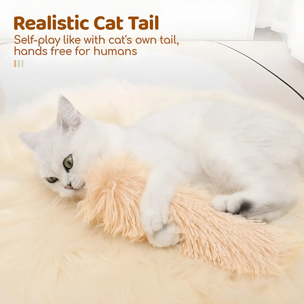 Soft plush cat toy pillow in blue, green, pink, and white colours measuring 27cm by 10cm
