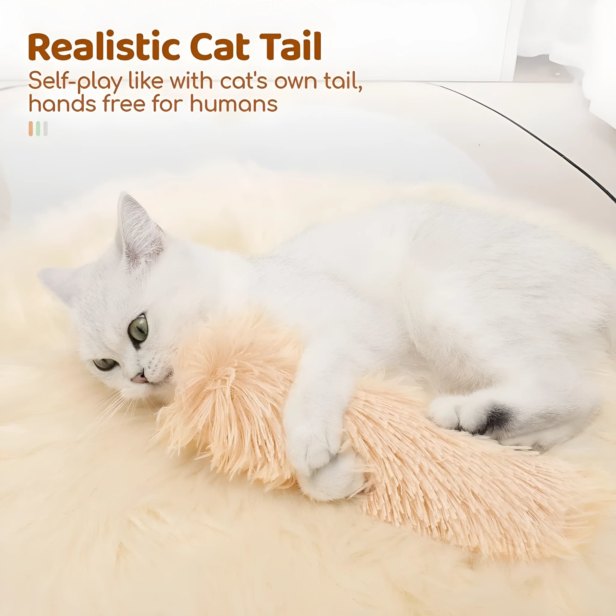 Soft plush cat toy pillow in blue, green, pink, and white colours measuring 27cm by 10cm