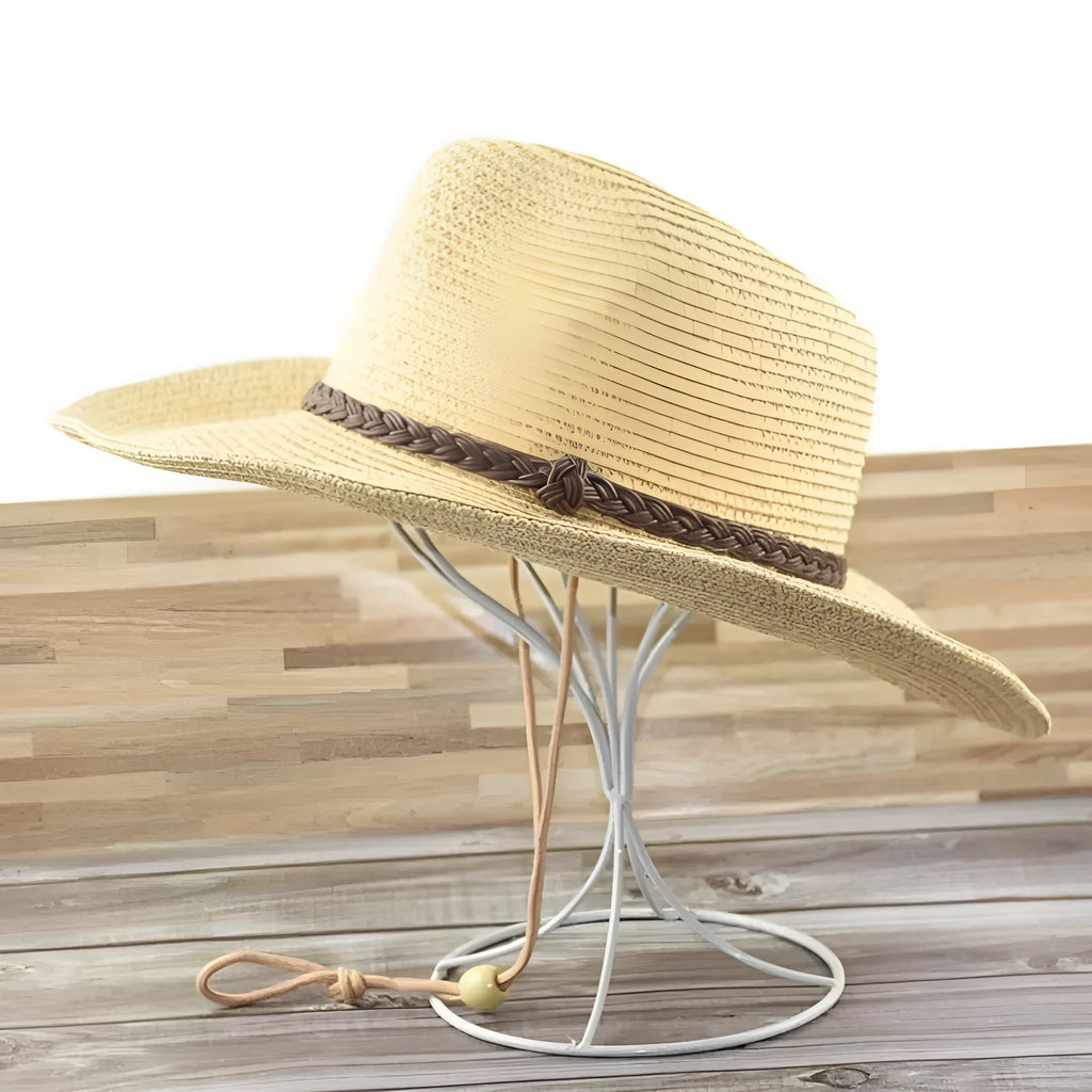Men's foldable straw sun hat with big brim in mixed beige colour showing three size options