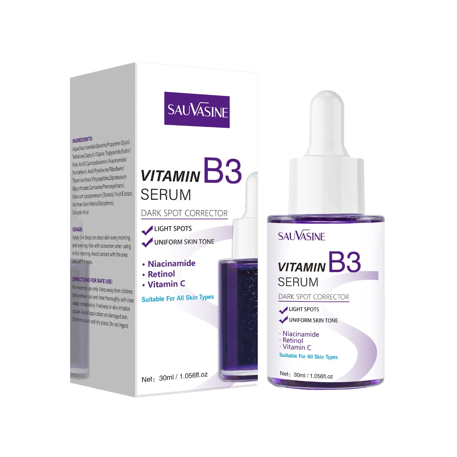 30ml Vitamin B3 facial essence bottle with pump applicator for skincare application