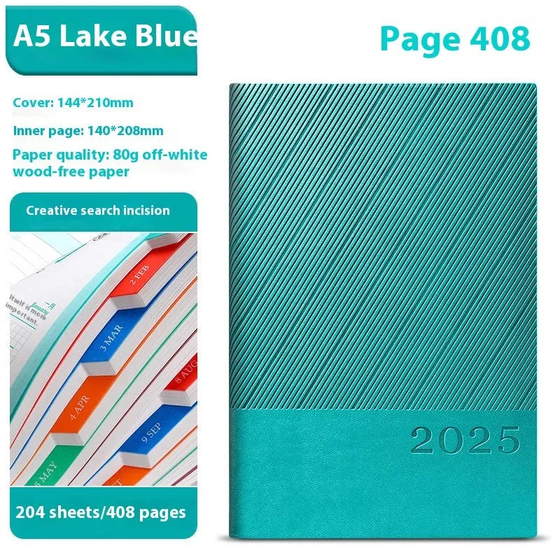 Executive A5 business notepad with striped PU leather cover open showing 80g wood-free paper