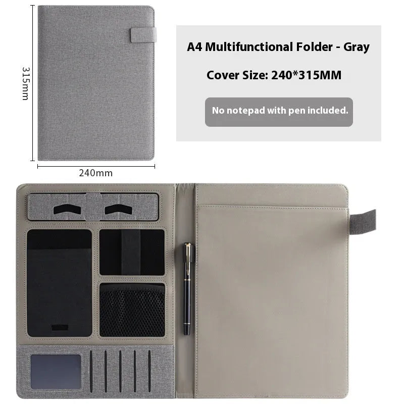 A4 leather business folder in black colour showing document storage and accessory features