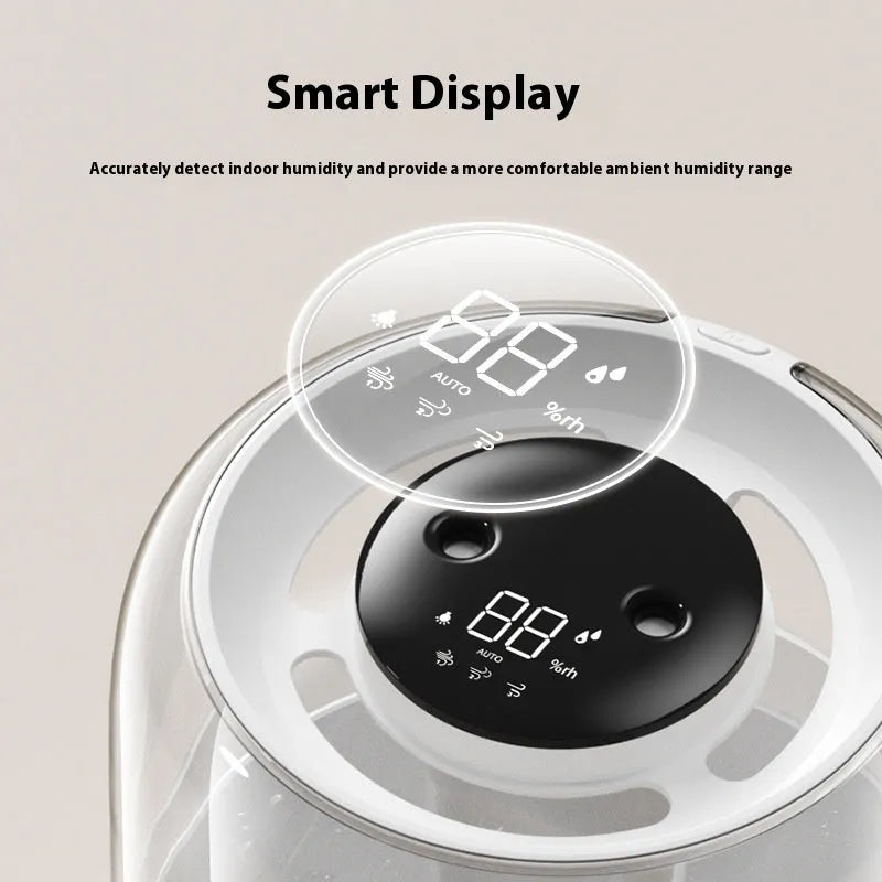 Round beige USB humidifier with dual spray nozzles, display screen, and night light