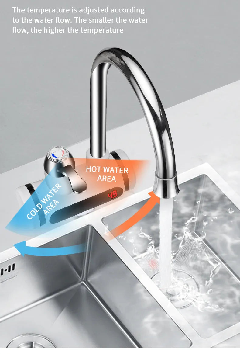 White electric instant water heater with digital temperature display for kitchen installation